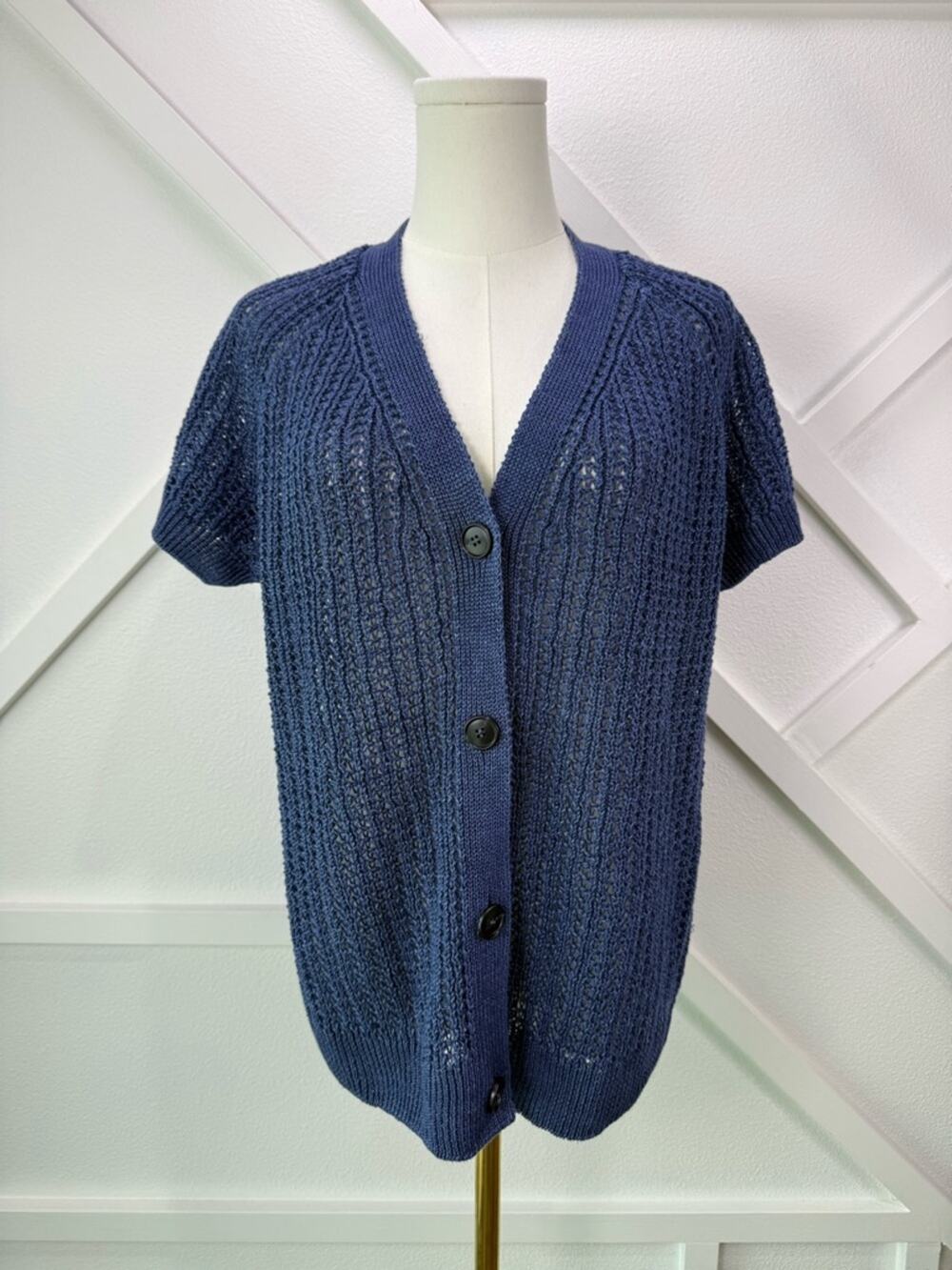 NWT Lafayette 148 100% Hemp Open Knit Cardigan Blue Short Sleeve Size Large